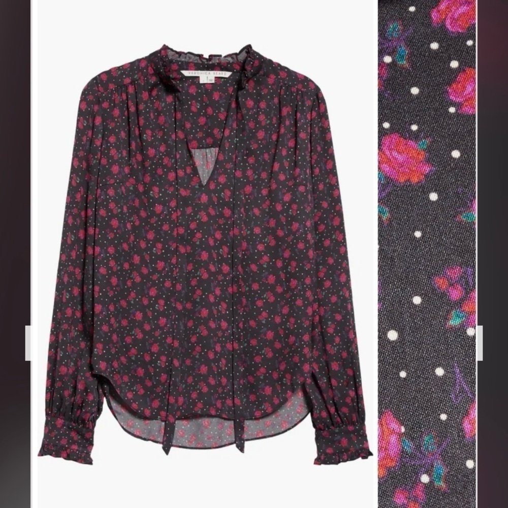 Veronica Beard Louama Floral Blouse Tie-neck in Black Multi - Picture 4 of 9